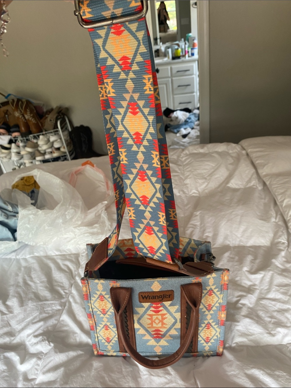 Wrangler Aztec Canvas Tote in Light Blue, Tan and Orange - Picture 4 of 4